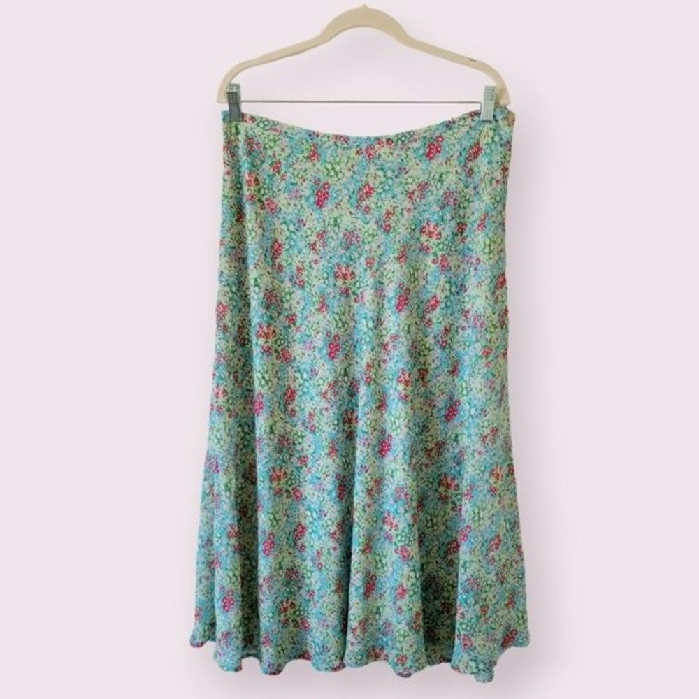 Vintage Turquoise Ditsy Floral Midi Skirt Size L 90s Y2K Cottagecore Lined - Picture 9 of 10